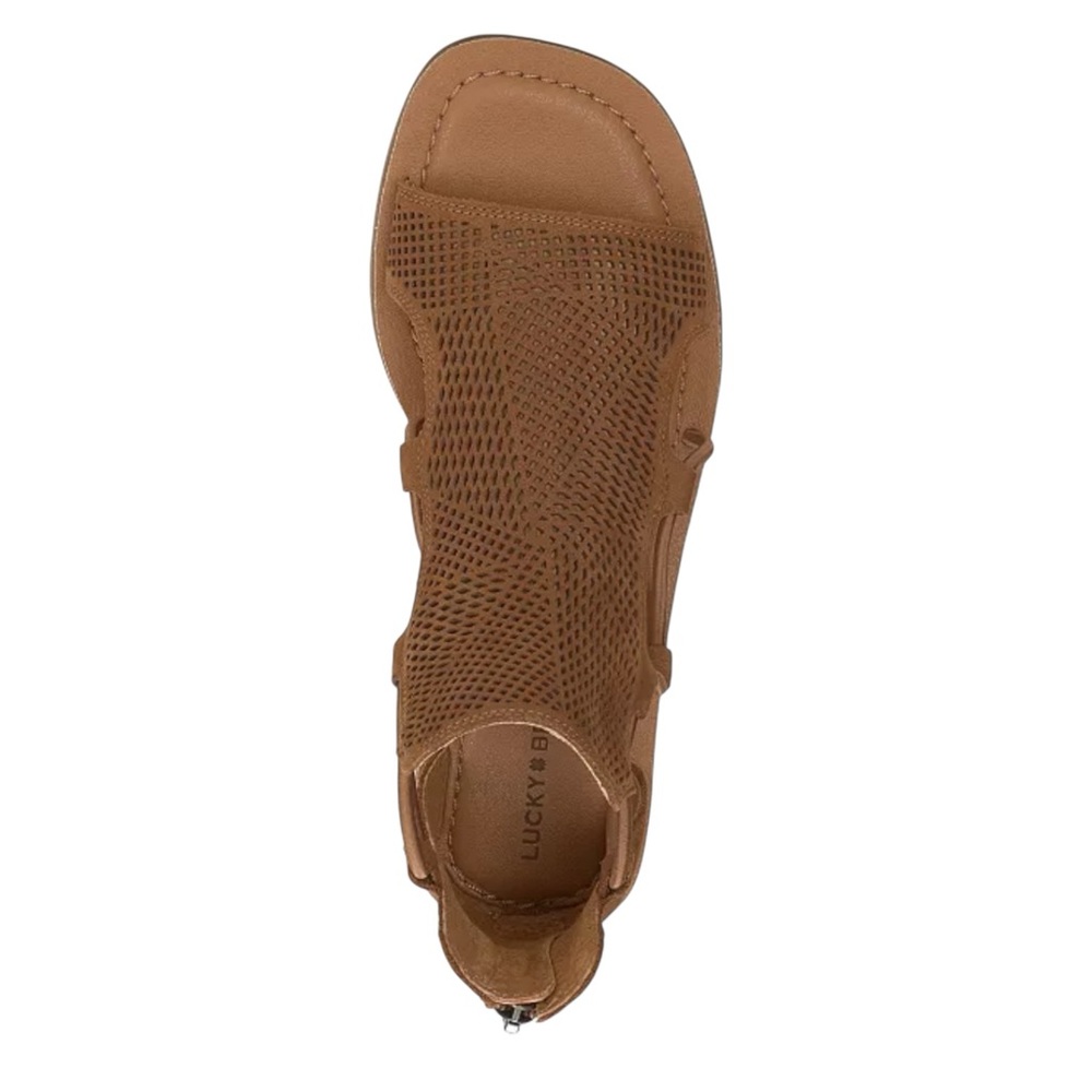 Lucky Brand Bartega Gladiator Flat Sandals Suede Perforated Back Zip Brown 6 NEW - Picture 5 of 13